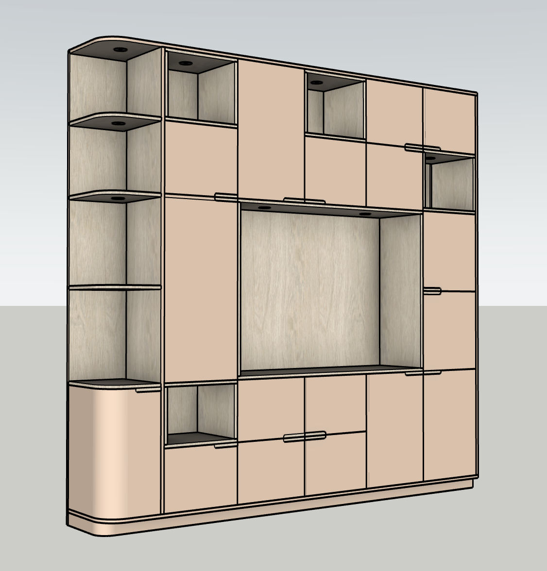 Ontwerptekening perspectief van de maatwerk tv-kast in Schiedam
